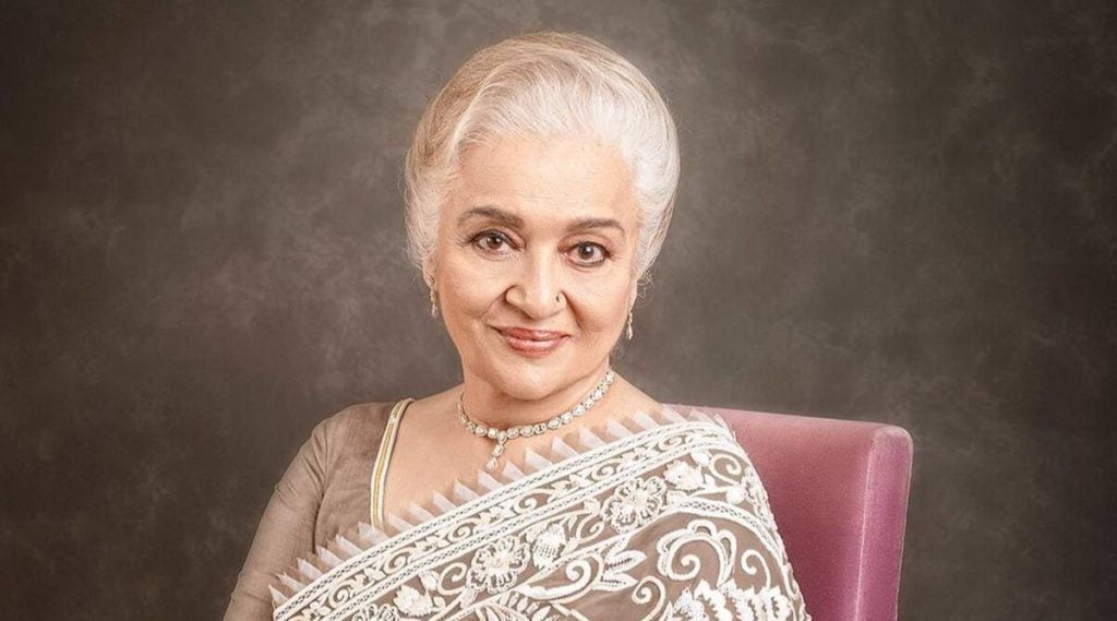 Asha Parekh is grace personified in this taupe sari by Abu Jani Sandeep Khosla