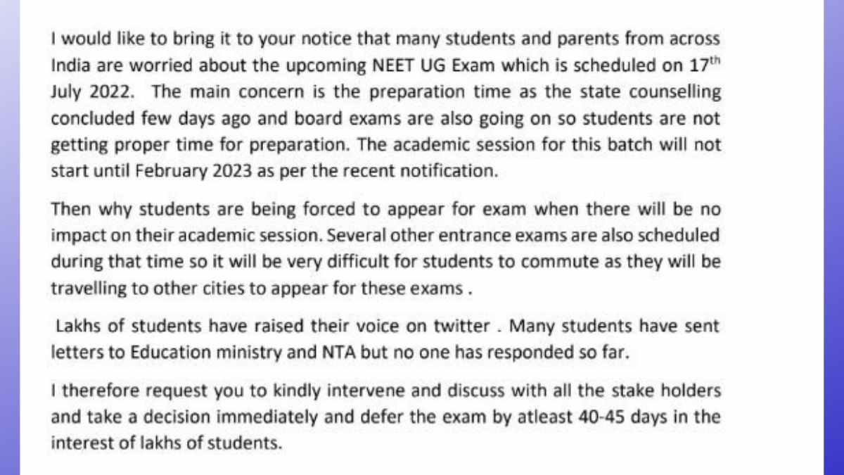 NEET UG 2022: Adv Anubha Shrivastav Sahai wrote a letter to the PM Modi, requesting to extend the exam date